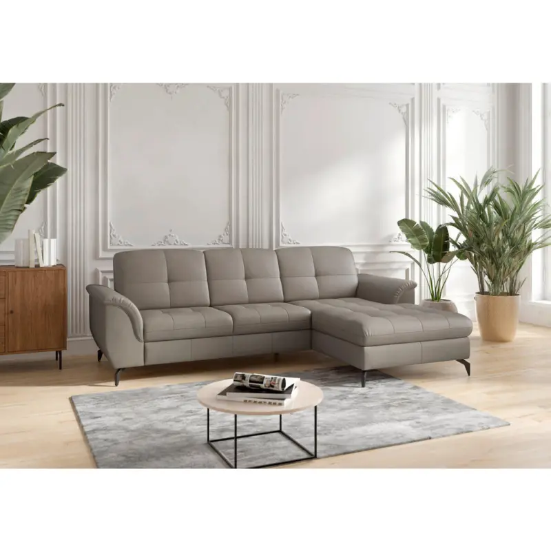 Ecksofa Zora E in Vliesstoff Kombination Echtleder/Stoff Grau 262/164 cm