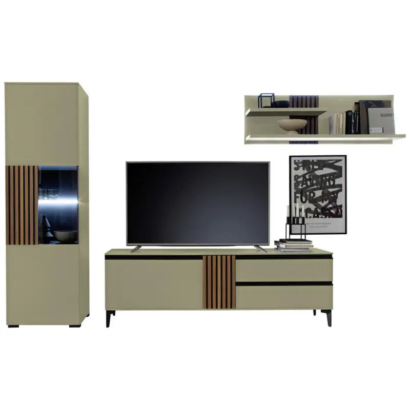 Wohnwand in Nussbaumfarben, Schilfgr&uuml;n 324/200/45 cm