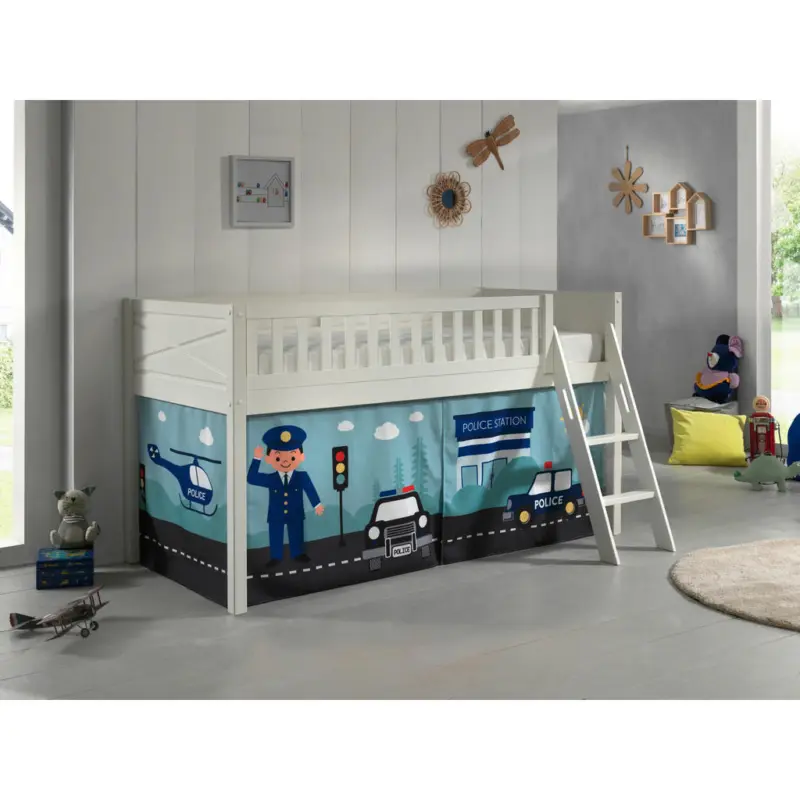 Spielbett Absturzsicherung, Leiter, Vorhang, Rollrost 90/200 cm in Wei&szlig;