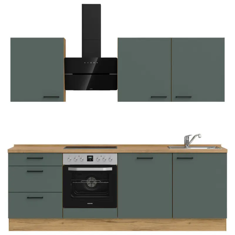 K&uuml;chenleerblock 240 cm in Eichefarben, Dunkelgr&uuml;n