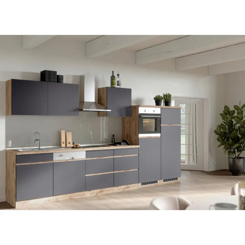 K&uuml;chenblock 360 cm in Grau, Eiche Wotan