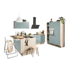 Eckk&uuml;che in Salbeigr&uuml;n, Tannenholzfarben