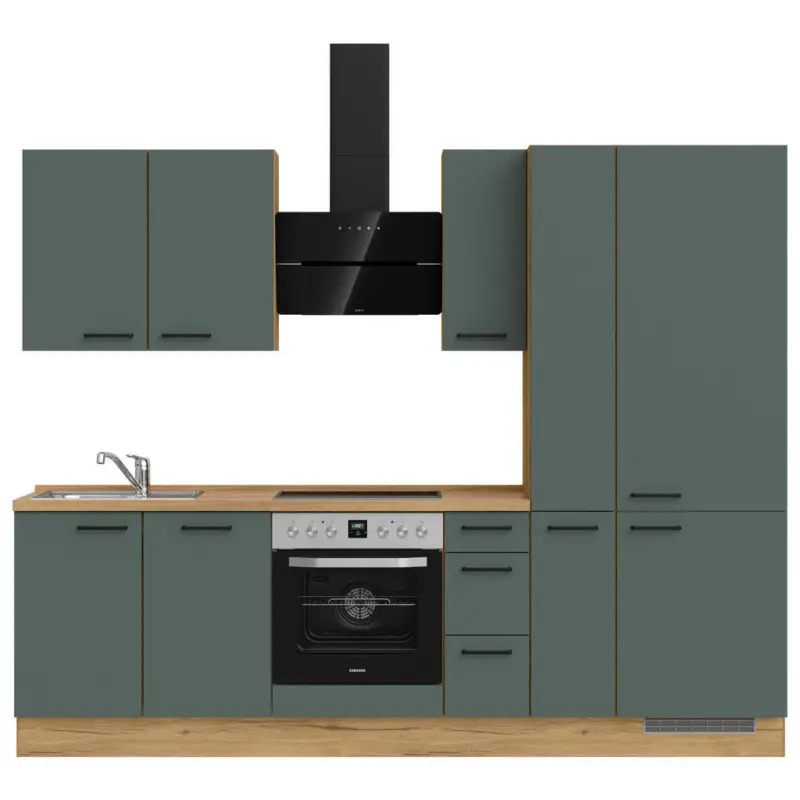 K&uuml;chenblock 270 cm in Eichefarben, Dunkelgr&uuml;n