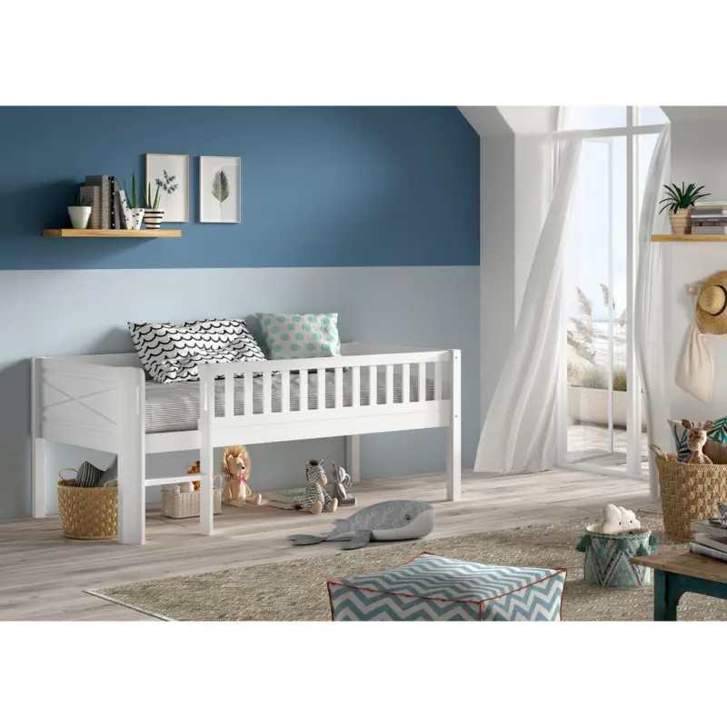 Spielbett Absturzsicherung, Leiter, Rollrost 90/200 cm in Wei&szlig;