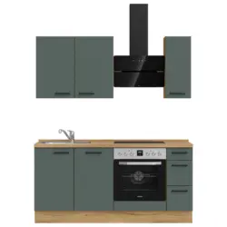 K&uuml;chenblock 180 cm in Eichefarben, Dunkelgr&uuml;n