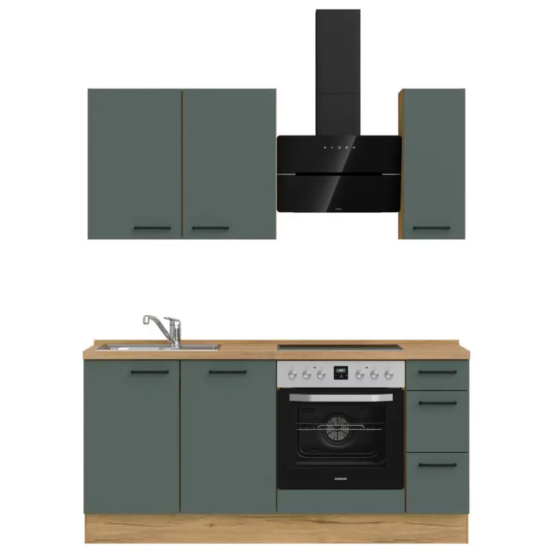 K&uuml;chenblock 180 cm in Eichefarben, Dunkelgr&uuml;n