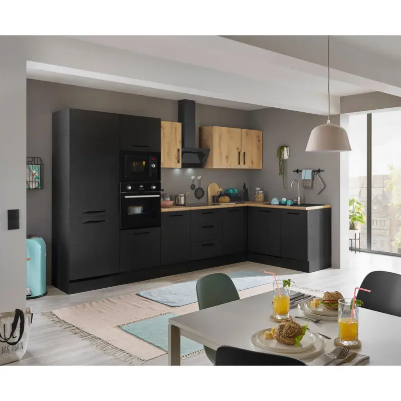 Eckk&uuml;che 340/175 cm in Schwarz, Eiche Artisan