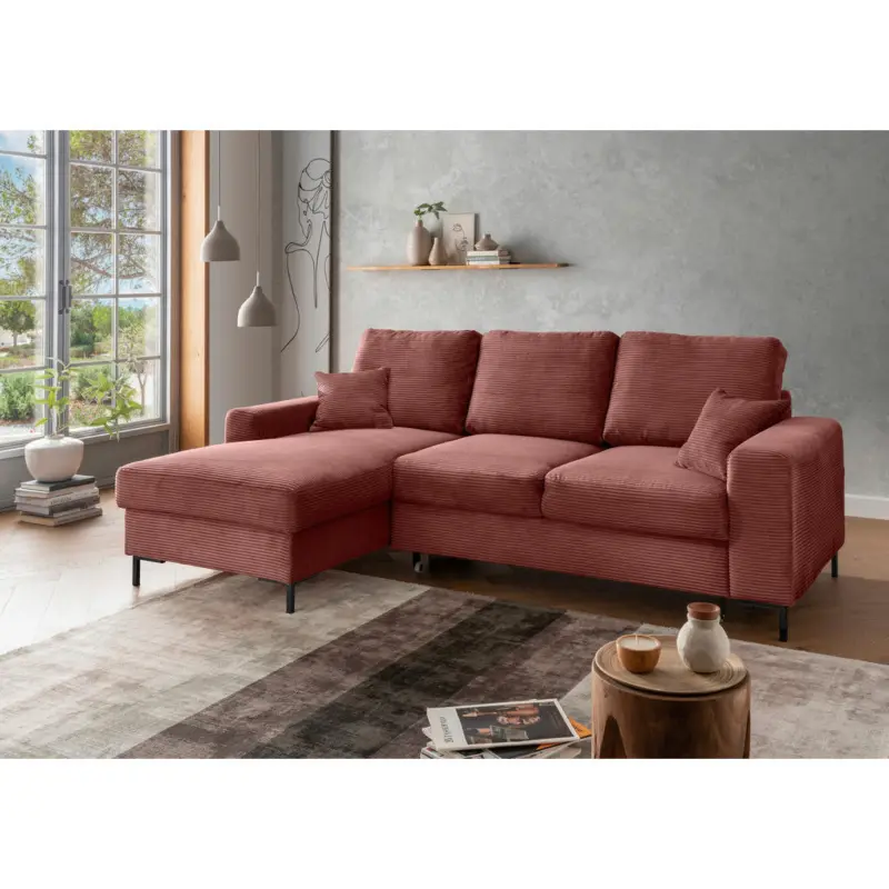 Eckschlafsofa in Cord Koralle