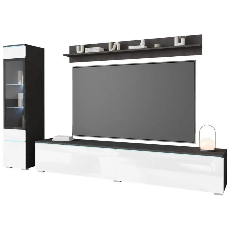 Wohnwand 3-teilig in Anthrazit, Wei&szlig; Hochglanz 210/130/33 cm