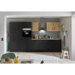 K&uuml;chenblock 360 cm in Schwarz, Eiche Artisan