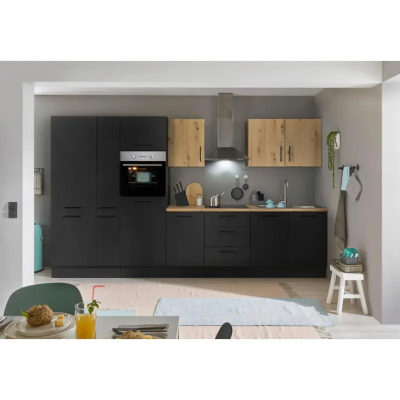 K&uuml;chenblock 360 cm in Schwarz, Eiche Artisan