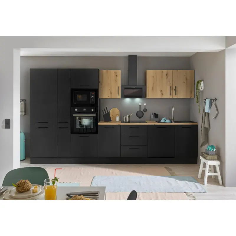 K&uuml;chenblock 370 cm in Schwarz, Eiche Artisan