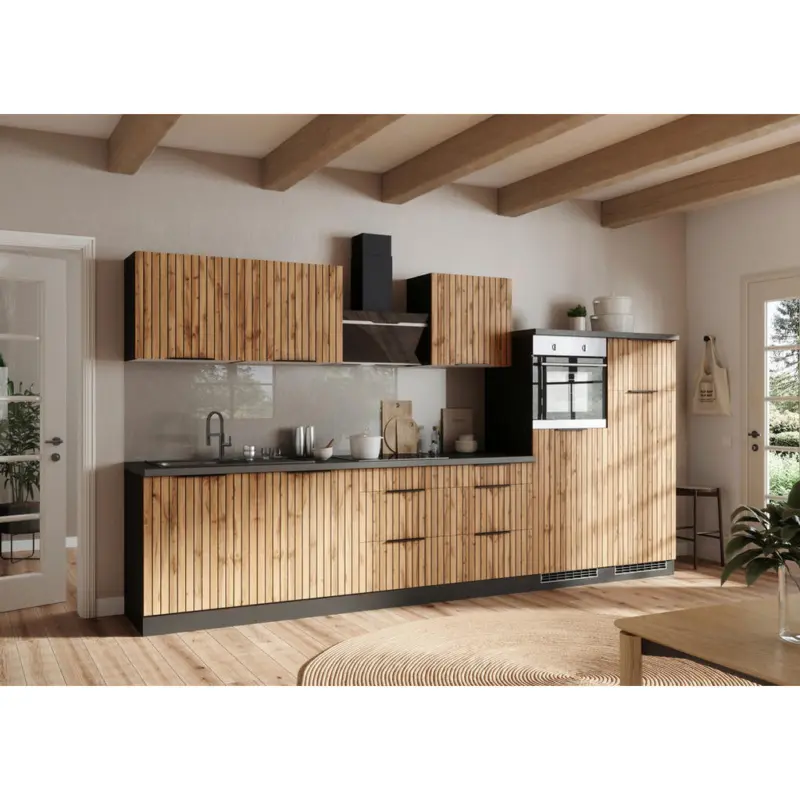 K&uuml;chenblock 360 cm in Graphitfarben, Eiche Wotan