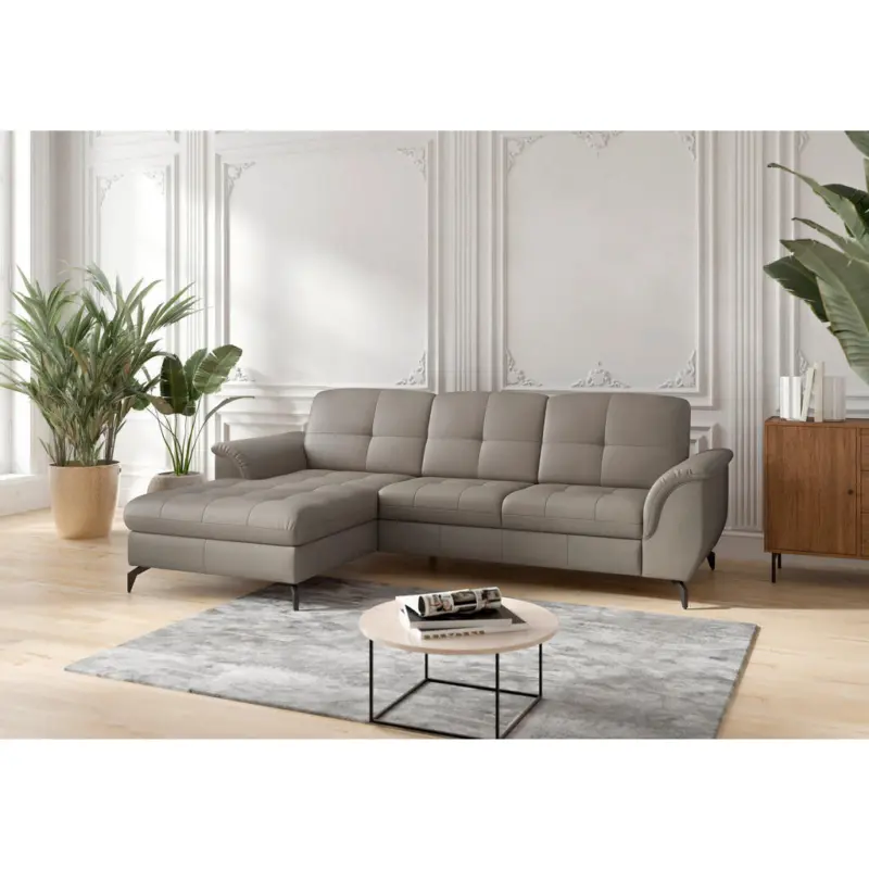 Ecksofa Zora E in Vliesstoff Kombination Echtleder/Stoff Grau 164/262 cm