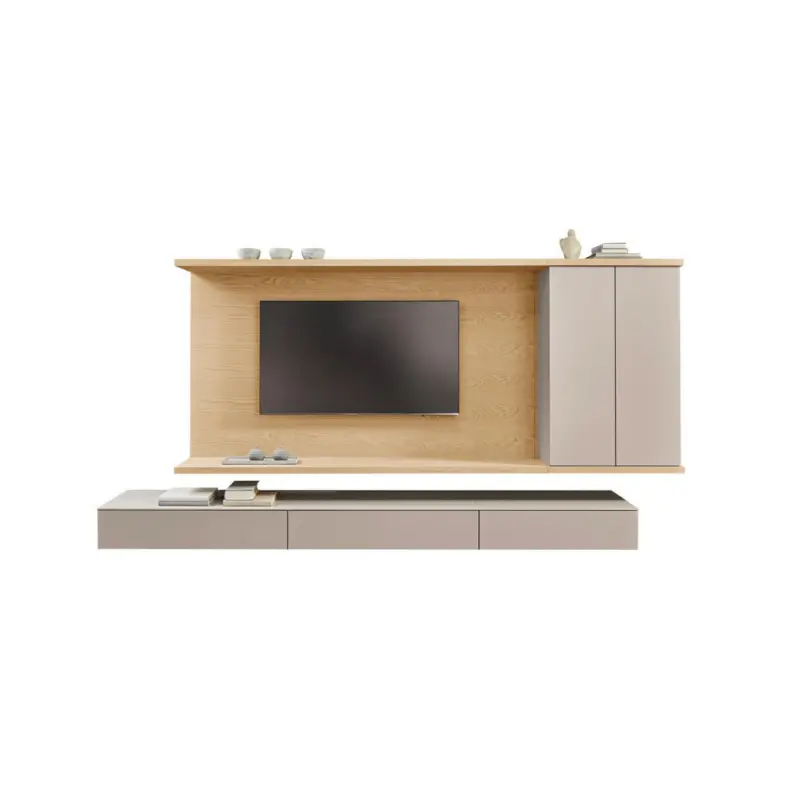 Wohnwand in Beige, Eiche Bianco