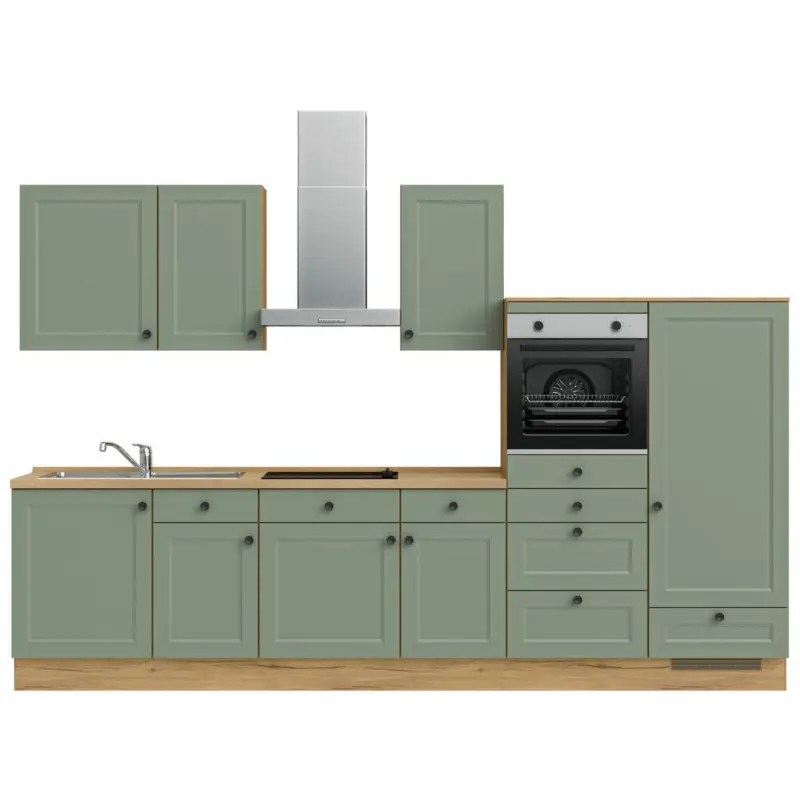 K&uuml;chenleerblock 330 cm in Gr&uuml;n, Eichefarben