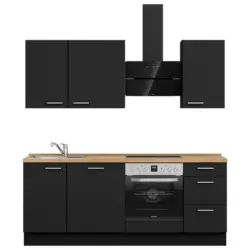 K&uuml;chenleerblock 210 cm in Schwarz, Eichefarben