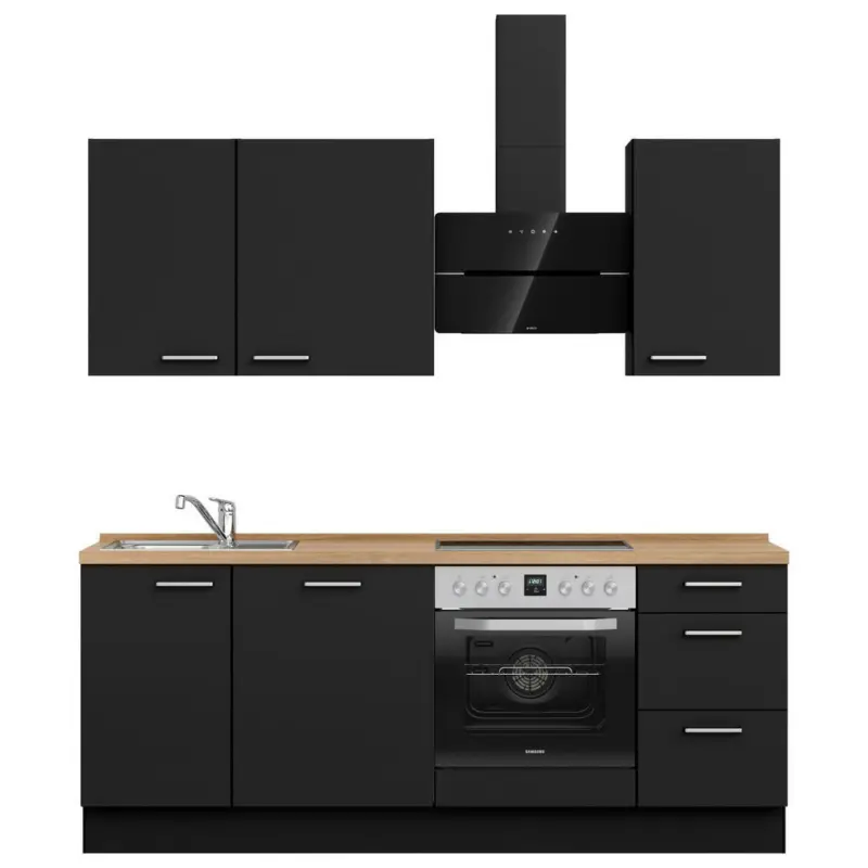 K&uuml;chenleerblock 210 cm in Schwarz, Eichefarben