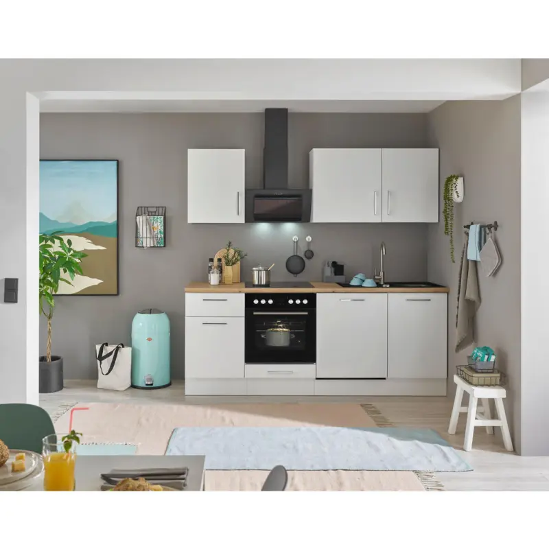 K&uuml;chenblock 220 cm in Wei&szlig;, Eiche Artisan