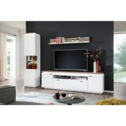 Wohnwand in Wei&szlig;, Eichefarben