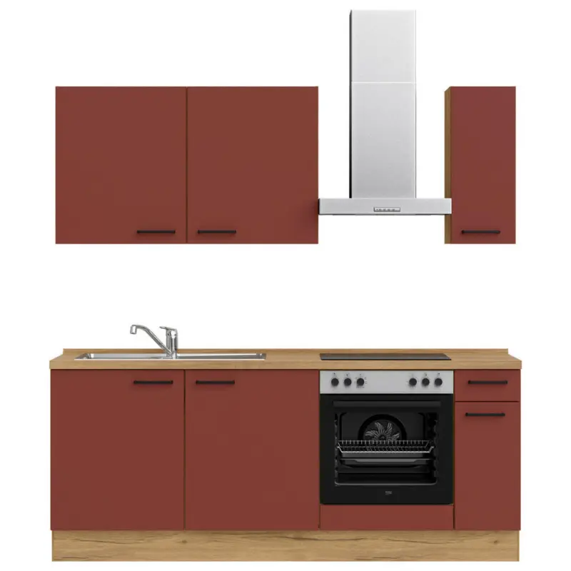 K&uuml;chenblock 210 cm in Eichefarben, Dunkelrot