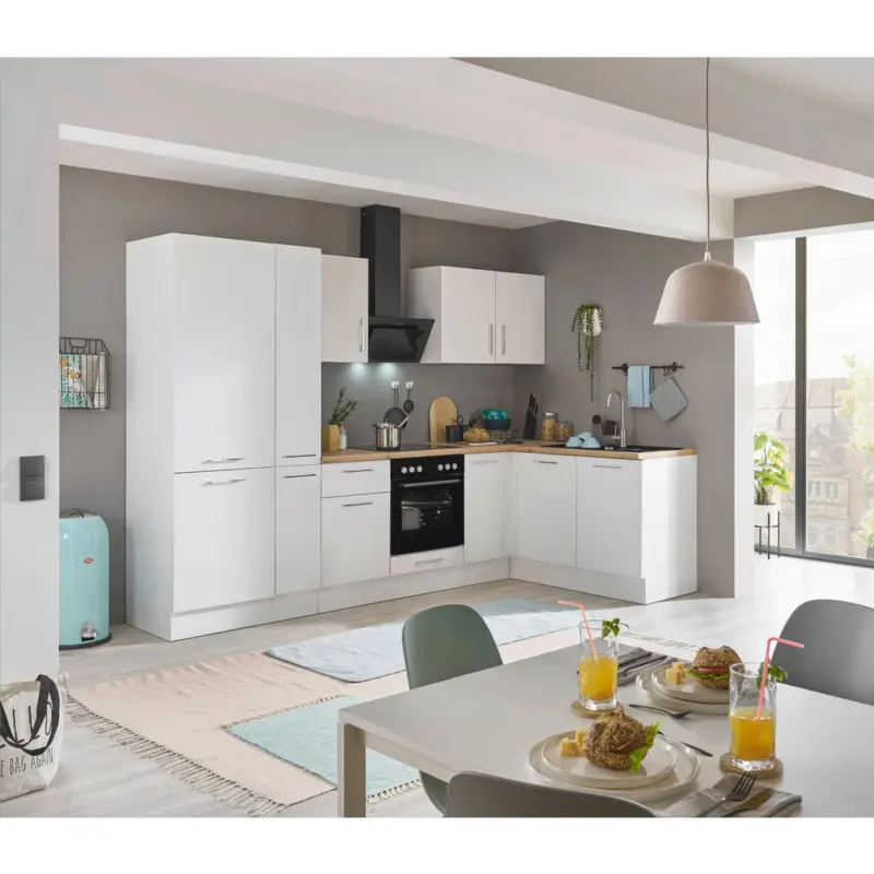 Eckk&uuml;che 300/165 cm in Wei&szlig;, Eiche Artisan