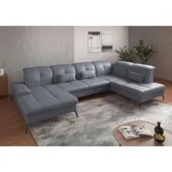 Wohnlandschaft in Vliesstoff Kombination Echtleder/Stoff Graublau