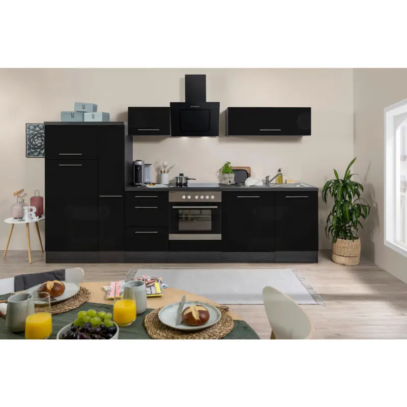 K&uuml;chenblock 310 cm in Schwarz, Eichefarben