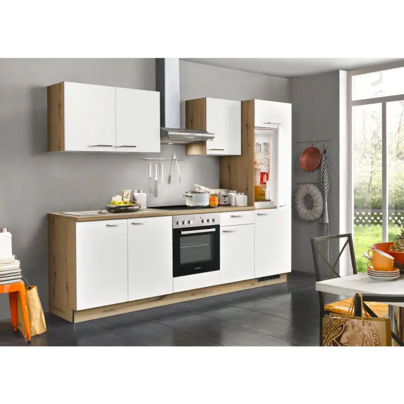 K&uuml;chenblock 280 cm in Wei&szlig;, Eichefarben