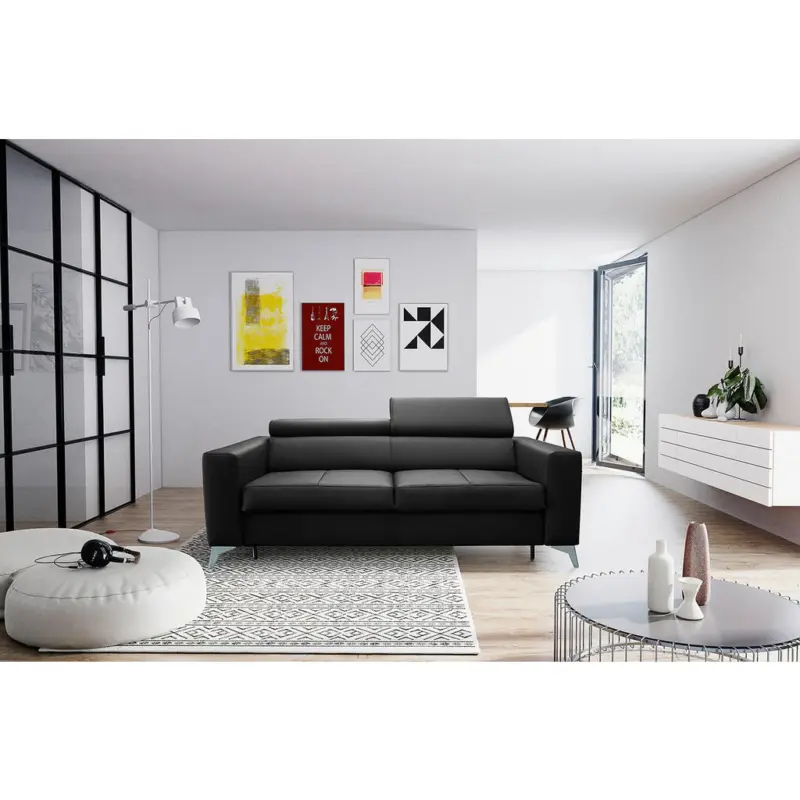 Schlafsofa Mondo in Lederlook Echtleder Schwarz Modern, Landhaus, Industrial