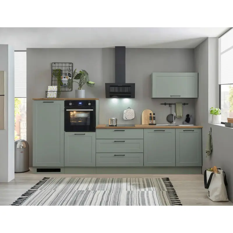 K&uuml;chenleerblock 320 cm in Gr&uuml;n, Eiche Artisan