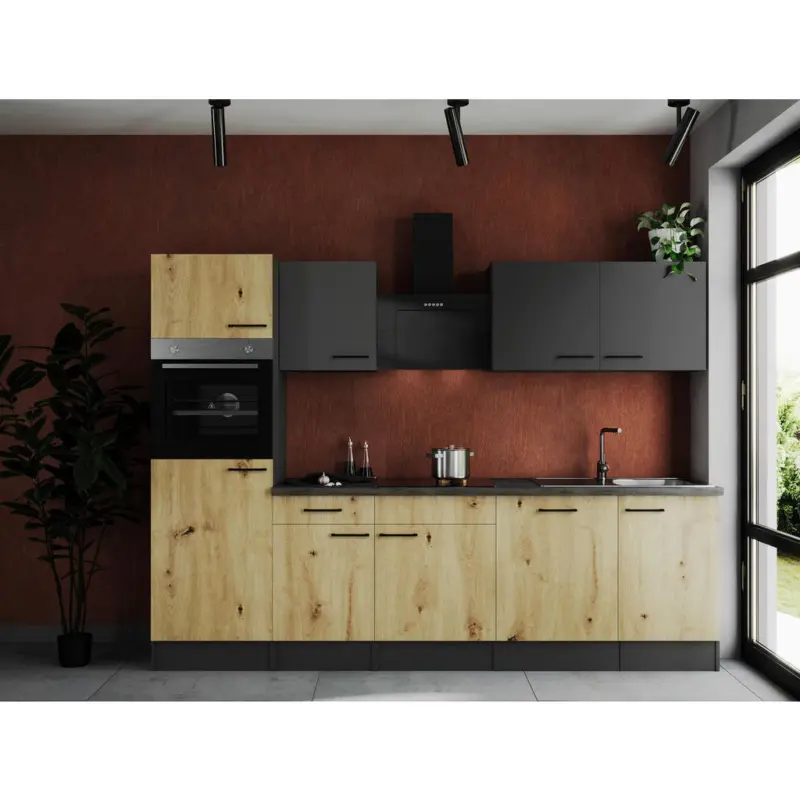 K&uuml;chenblock 280 cm in Grau, Eiche Artisan