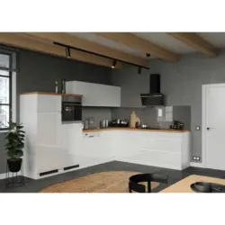 Eckk&uuml;che 300/240 cm in Wei&szlig;, Eiche Wotan, Wei&szlig; Hochglanz