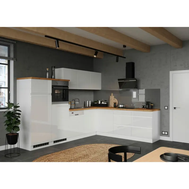 Eckk&uuml;che 300/240 cm in Wei&szlig;, Eiche Wotan, Wei&szlig; Hochglanz