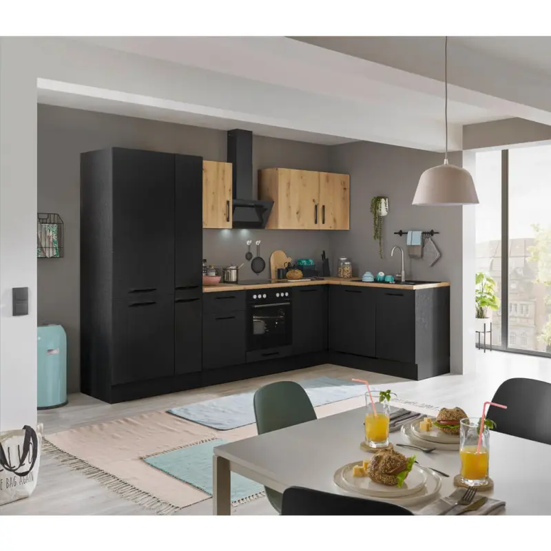 Eckk&uuml;che 310/175 cm in Schwarz, Eiche Artisan