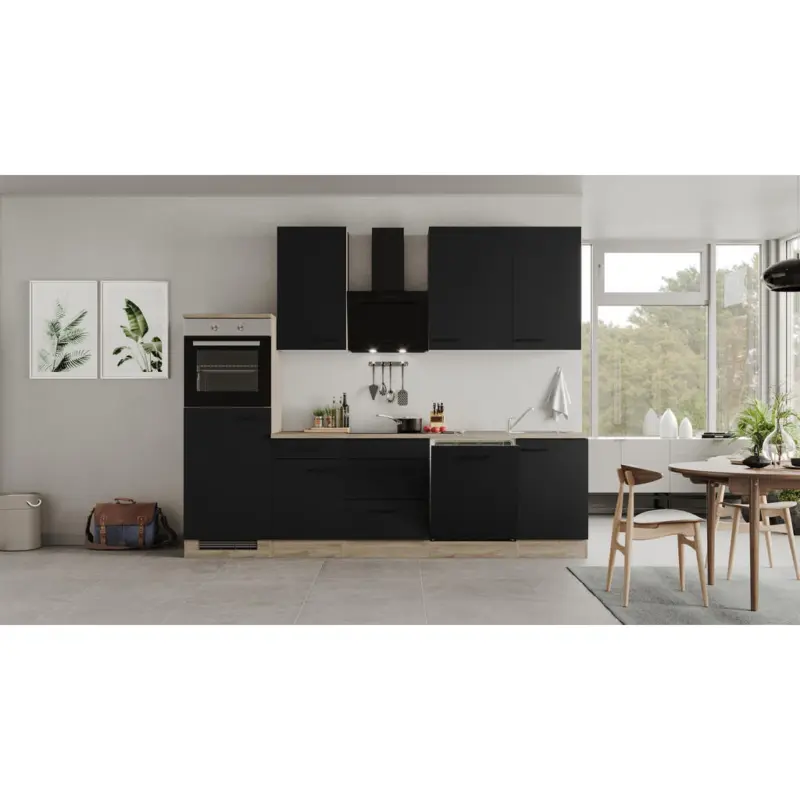 K&uuml;chenblock 280 cm in Schwarz, Eichefarben