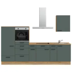 K&uuml;chenblock 300 cm in Eichefarben, Dunkelgr&uuml;n