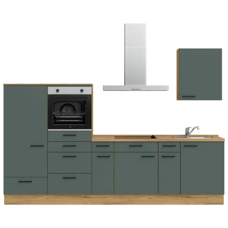 K&uuml;chenblock 300 cm in Eichefarben, Dunkelgr&uuml;n