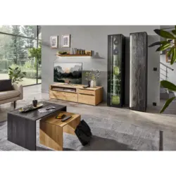 Wohnwand in Schwarz, Eichefarben 295/206/57 cm