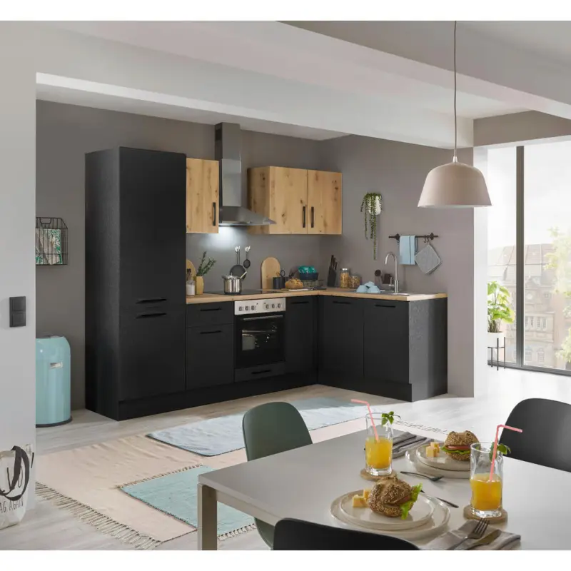 Eckk&uuml;che 270/165 cm in Schwarz, Eiche Artisan