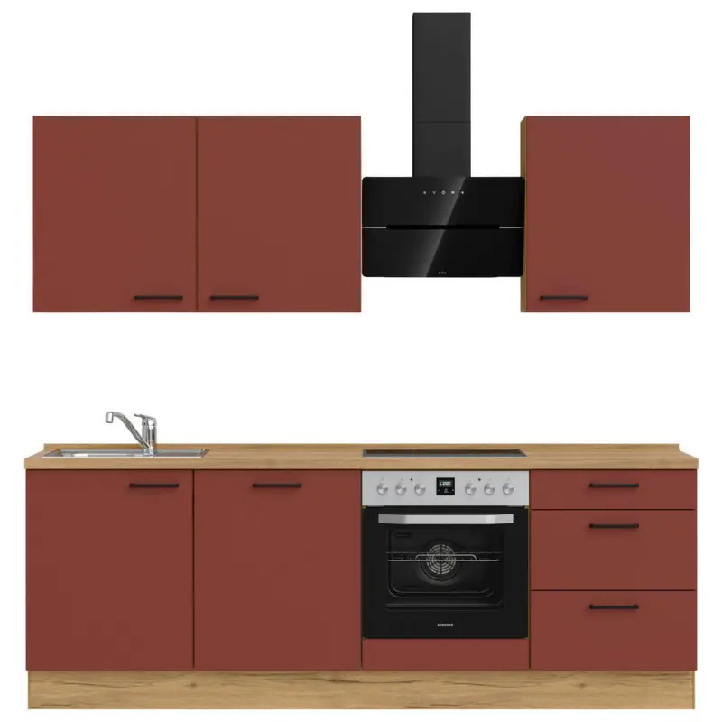 K&uuml;chenleerblock 240 cm in Rot, Eichefarben