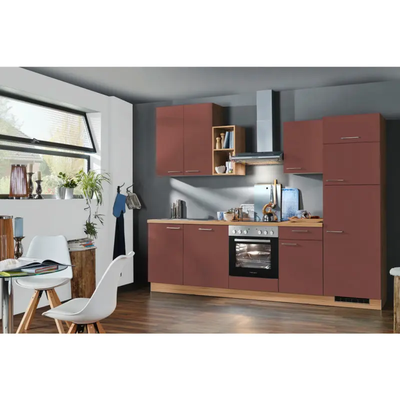 K&uuml;chenblock 280 cm in Rot, Eichefarben