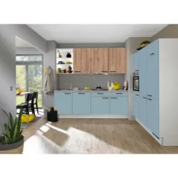 Eckk&uuml;che 240/180 cm in Eichefarben, Hellgrau, Pastellblau
