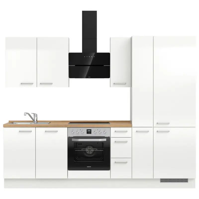 K&uuml;chenblock 270 cm in Eichefarben, Wei&szlig; Hochglanz