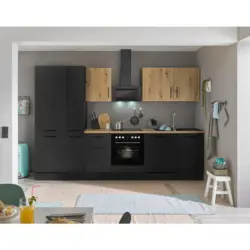 K&uuml;chenblock 310 cm in Schwarz, Eiche Artisan