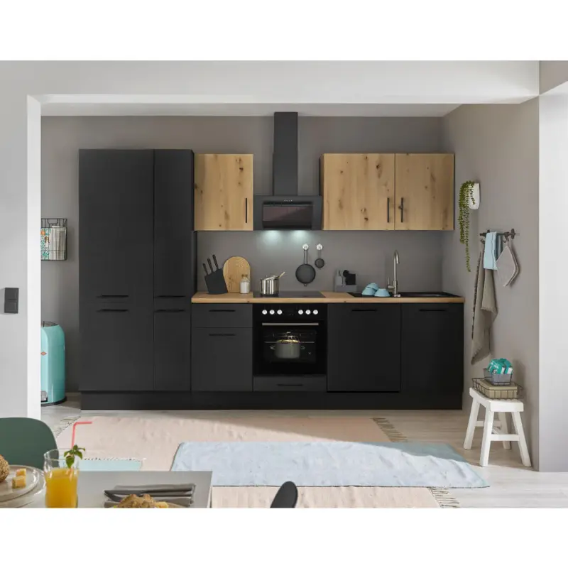 K&uuml;chenblock 310 cm in Schwarz, Eiche Artisan