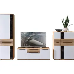 Wohnwand in Wei&szlig;, Eichefarben 330/215/45 cm