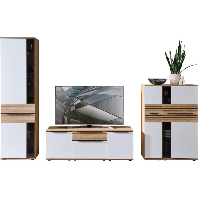 Wohnwand in Wei&szlig;, Eichefarben 330/215/45 cm