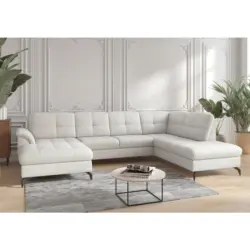 Wohnlandschaft Zora E in Vliesstoff Kombination Echtleder/Stoff Wei&szlig;