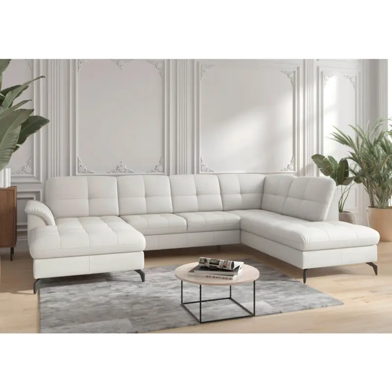 Wohnlandschaft Zora E in Vliesstoff Kombination Echtleder/Stoff Wei&szlig;